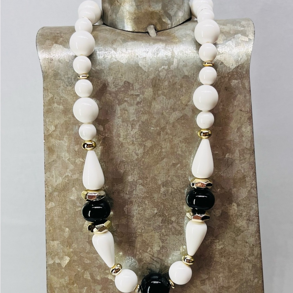 Source Unknown White and Black Beaded Statement Necklace with Gold Accents